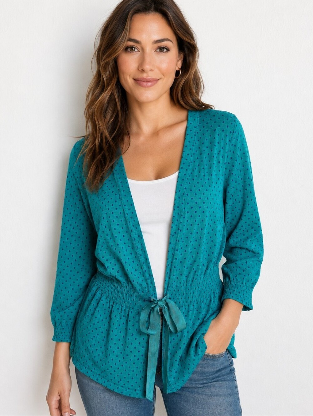 Dressbarn Teal & Navy Blue Polka Dot Cardigan with Tie Waist, Size XL